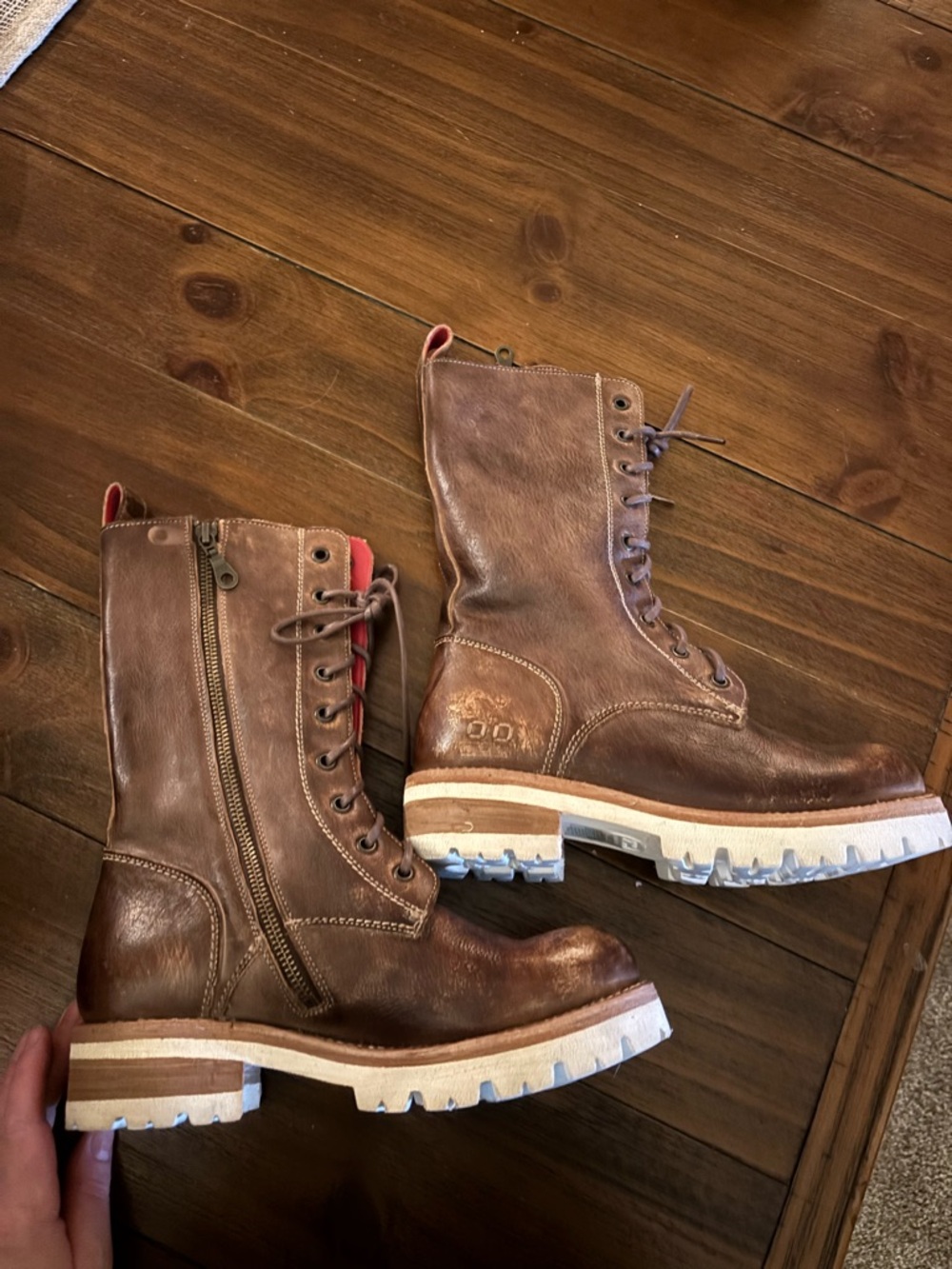 Bed Stu Brown Leather Women's Combat Boots with Cream Soles